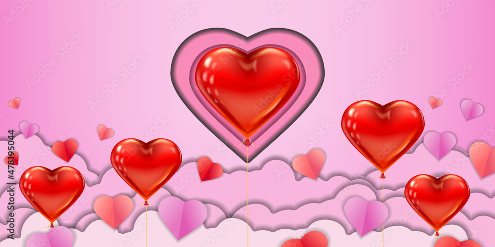 Valentine day papercut craft design horizontal banner, red pink balloon hearts and clouds. Template background for greeting card, sale, invitation, vector Valentine day papercut craft design horizontal banner, red pink balloon hearts and clouds. Template background for greeting card, sale, invitation, vector