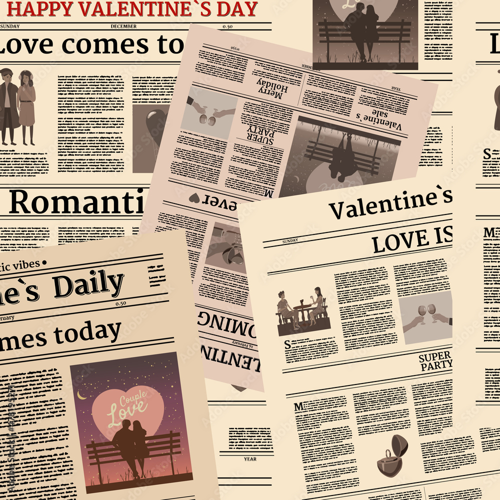 Naklejka premium Valentine's day newspaper seamless pattern. Background with title header, unreadable text, retro. Vector illustration vintage