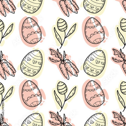 Easter vector pattern
 eggs and flowers.
A type of pattern and decoration for the backrest for textiles, covers and packaging.