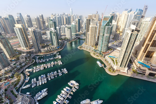 Dubai Marina and Harbour skyline architecture overview wealth luxury travel in United Arab Emirates with boats yacht