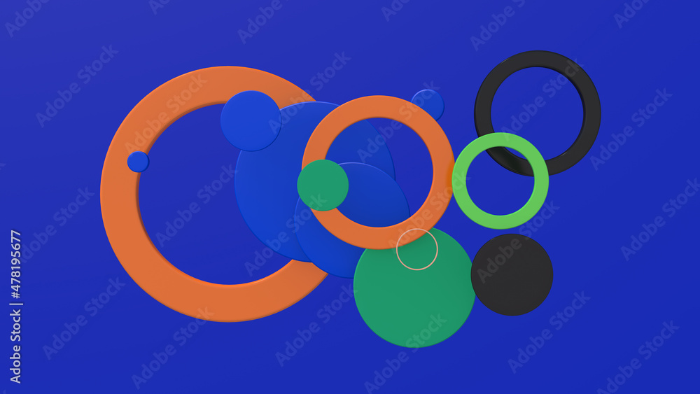 Group of colorful circle shapes. Blue background. Abstract illustration, 3d render. Group of colorful circle shapes. Blue background. Abstract illustration, 3d render.