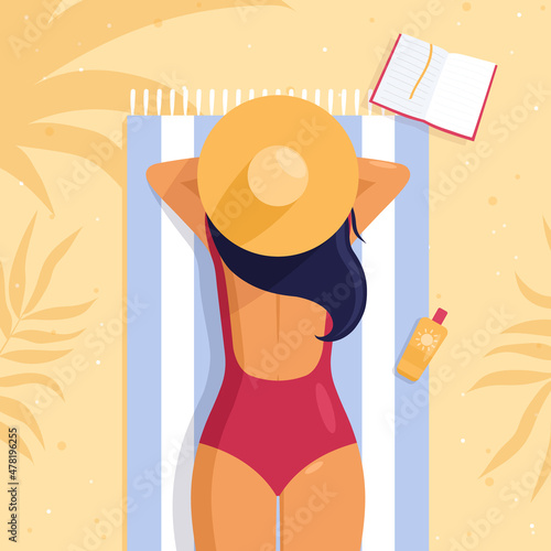 Summer tropical beach. Vector illustration of woman, girl sunbathing on the beach with book, palm, tropical leaves, sunscreen. Summer landscape background, vogue style.Vacation poster, flyer. Top view