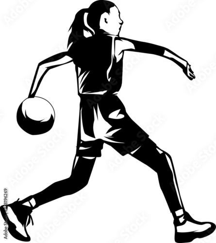 a silhouette illustration of a woman dribbling a basketball