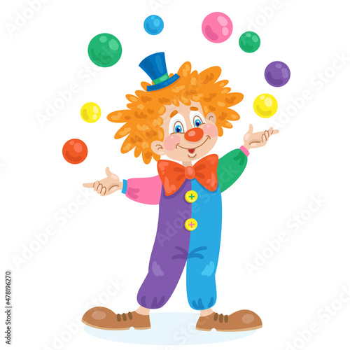 Funny clown juggles colorful balls. In cartoon style. Isolated on white background. Vector illustration.