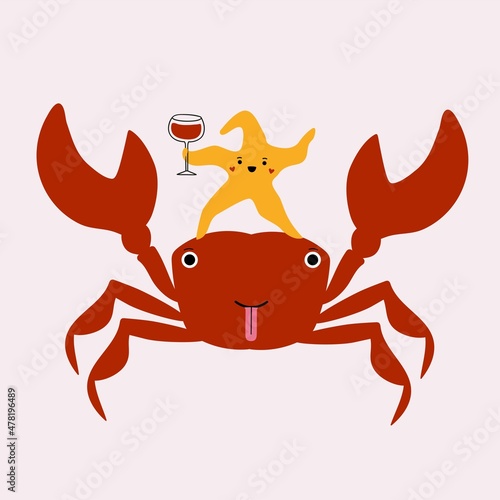 Vector illustration with dancing crab and yellow starfish with glass of red wine. Funny trendy print design with ocean animals