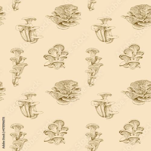 Mushroom hand drawn seamless pattern. Isolated Sketch drawing on a wheat background. For fabric, sketchbook, wallpaper, wrapping paper. photo