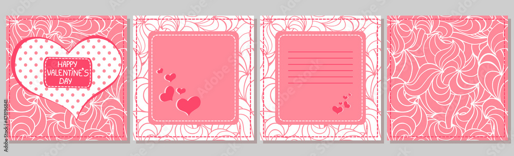 Saint Valentine's day romantic greeting card ready design. Square front, back, inside template with heart, frame, place for text, phrase Happy Valentine’s Day. Sweet pink and white doodle bundle.