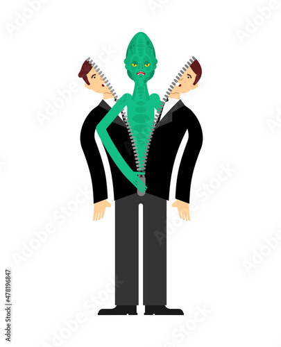 Reptilian Inside Man. Alien land invaders. Reptilian conspiracy theory. reptiloid humanoid beings from another planet with green skin. theory secret government of reptilians