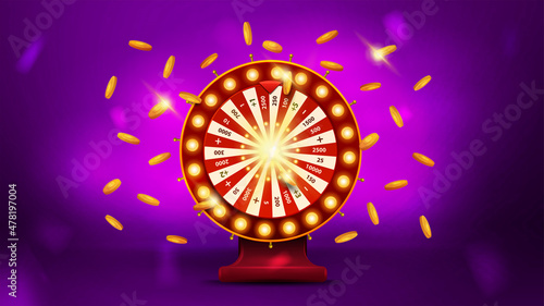 Volumetric cartoon Casino Wheel Fortune with gold coins around on purple blurred background
