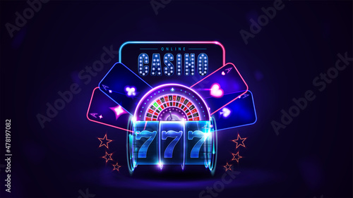 Online casino, neon sign with pink shine neon Casino Roulette wheel, playing cards and blue neon shine slot machine