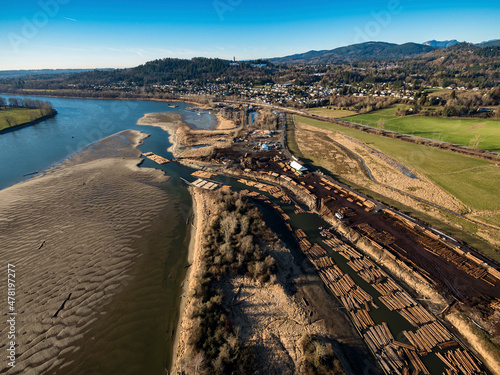 Stock Aerial Photo of Fraser River and Mission BC, Canada