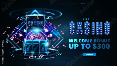 Online casino, banner with button, smartphone, neon slot machine, Casino Roulette and poker chips with neon rhombus frames and hologram of digital rings