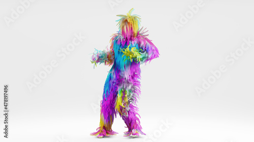 Bigfoot, hairy cartoon character Yeti walking or dancing. Colorful furry costume for child birthday, party celebration, carnival or halloween. Funny monster toy isolated on white background, 3d render