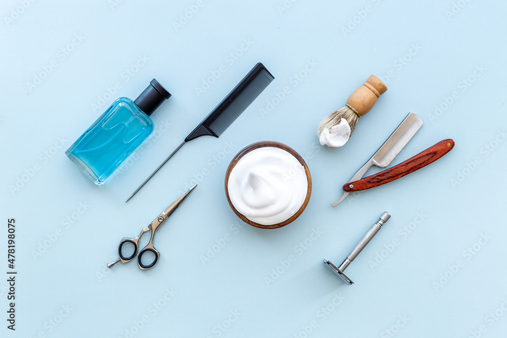 Barber shop equipment with hairdressing scissors. Top view Barber shop equipment with hairdressing scissors. Top view