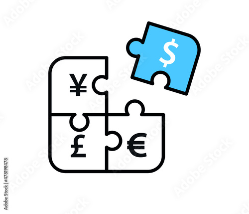 puzzle pieces with currencies.  Isolated on white background.