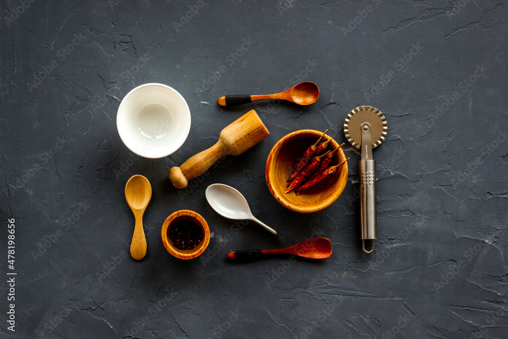Pattern of kitchen utensils and cookware. Flat lay, top view