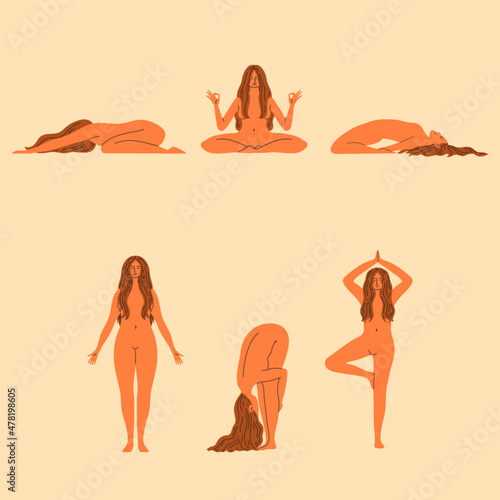 Mindful naked woman doing yoga