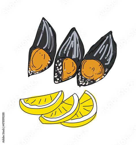 Street food. Stuffed mussels. Heap of mussels in shells stuffed with rice and served with lemon. Design element for poster, menu, flyer, banner, package. Vector.