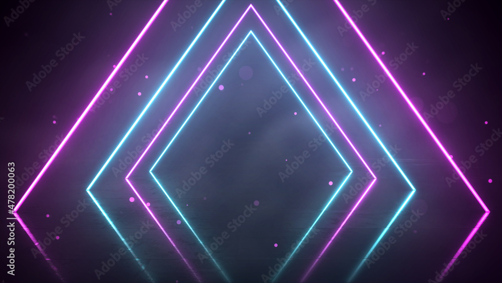 3d render of abstract pink and blue neon triangle light with glowing lines on dark background. 3d render of abstract pink and blue neon triangle light with glowing lines on dark background.