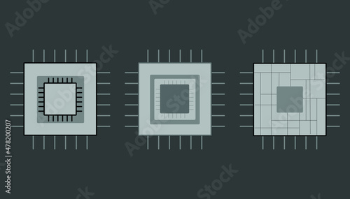Vector showing semiconductor shortage, three chips on dark grey background. Supply chain problems due to Covid-19. Business, computer, vehicle chips, processors. Global shortage. photo