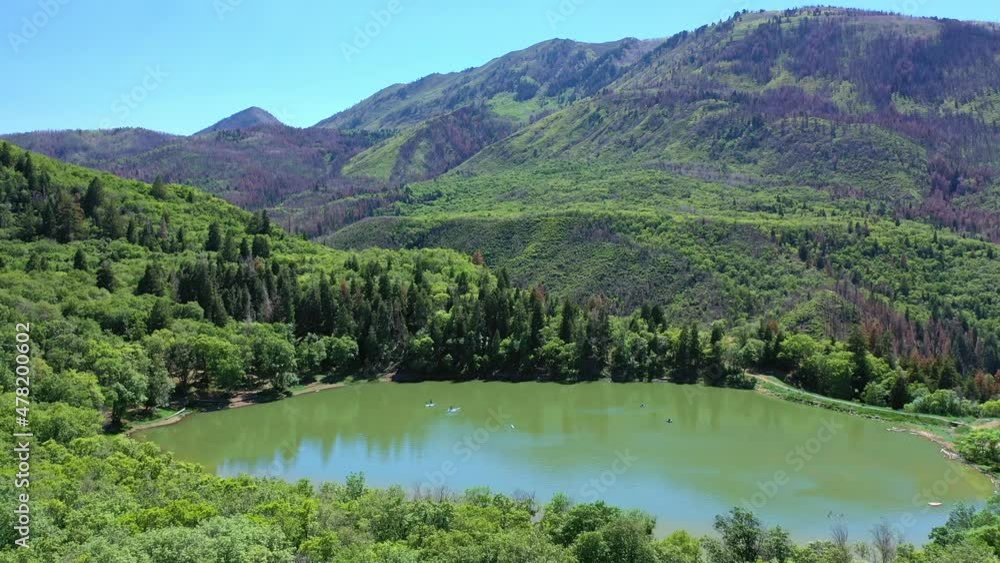 Aerial shot Maple Lake on Nebo Loop up Payson Canyon above Utah Valley mountains