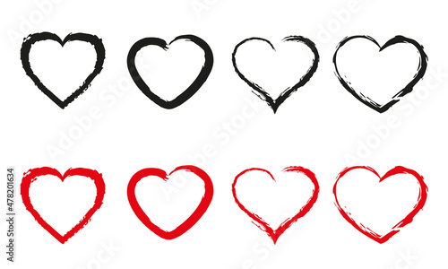 Love symbol icon set. Red and black stroke hearts. Different shapes Romantic Valentine abstract heart collection