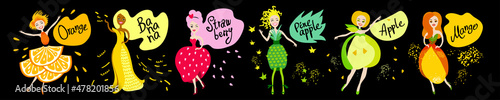 Set of characters of fruits. Flavor: orange, banana, strawberry, pineapple, apple, mango. Girls dressed in fruit costume. Cartoon. The concept for advertising, labels, packaging, flyer, banner. Vector