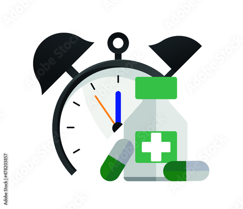 Time for your meds.  Health care and protection. Medical treatment. Flat vector illustration.