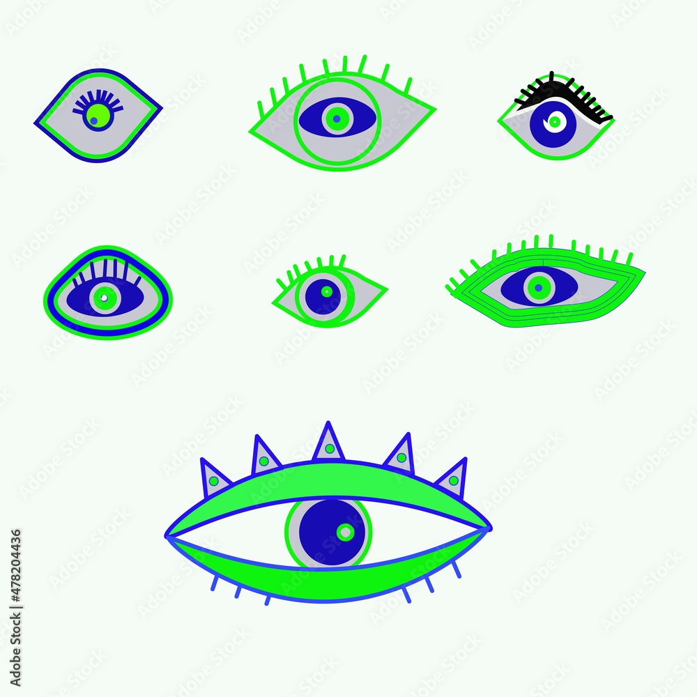 Occult mystical emblem. Evil eye. A set of hand-drawn different mascots. Flat design. Free-hand drawing style. Esoteric alchemy of the sign, decorative style, vision of Providence. Occult mystical emblem. Evil eye. A set of hand-drawn different mascots. Flat design. Free-hand drawing style. Esoteric alchemy of the sign, decorative style, vision of Providence.