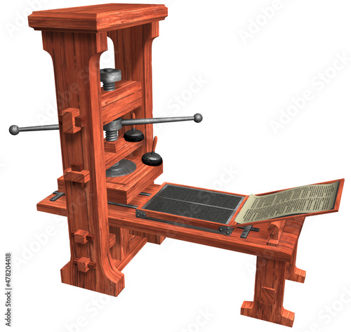 Johannes Gutenberg's Printing Press. 3D Rendering Illustration of a Printing Press invented and manufactured by the german goldsmith and inventor Johannes Gutenberg. photo