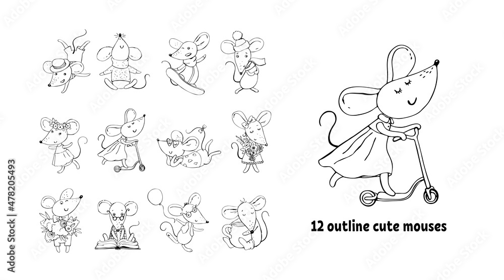 Set of cute illustrations of outline animals. Linear drawing of mice. Sport, relax, learning, celebration themes. Collection of hand-drawn clip art for coloring book. Rat symbol of Chinese New Year.