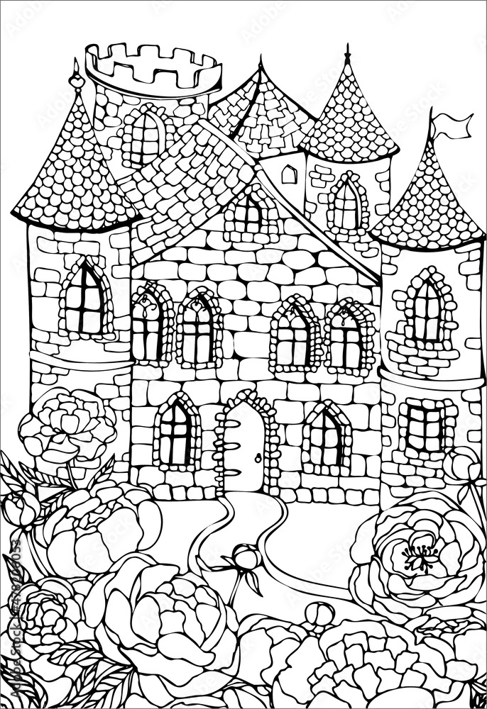 Сoloring book for adults and children with a medieval castle and peonies