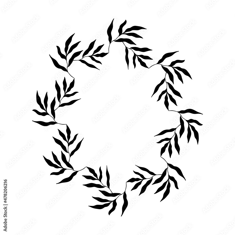 oval shaped black frame made of plants on white isolated background oval shaped black frame made of plants on white isolated background