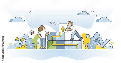 Project planning and control or business strategy management outline concept. Teamwork success for development or growth vector illustration. Achievement after company changes or innovation execution.