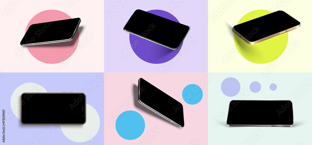 Realistic smartphone mockup. Device UI,UX mockup for presentation template. . Cellphone frame with blank display isolated templates, phone different angles views. 3d isometric illustration cell phone Realistic smartphone mockup. Device UI,UX mockup for presentation template. . Cellphone frame with blank display isolated templates, phone different angles views. 3d isometric illustration cell phone
