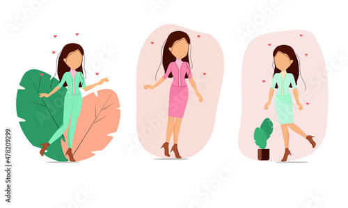 Set of young beautiful girls. Portrait of a happy woman and girl. Romantic concept. Isolated vector illustration for banner, postcard, poster, postcard.