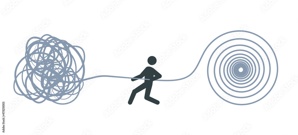 Stick figure unraveling tangled tangle of problem pictogram. Clipart