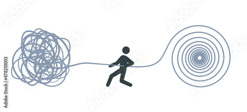 Stick figure unraveling tangled tangle of problem pictogram. Clipart image isolated on white background