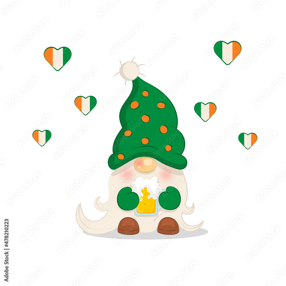 Naklejka premium cute drunken gnome with a mug of beer st patrick's day