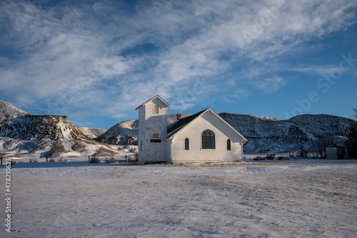 Winter at the old wooden pioneer church in the ghost town of Dorothy in Alberta, Canada