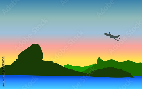 Rio de Janeiro, Brazil. Silhouette of the mountains of the city of  at sunset and plane taking off. Vector illustration in EPS