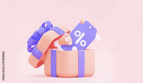 A label with a percentage sign with gift box. Creative concept of online bargain shopping. 3d rendering