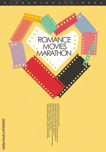 Heart shape made from film strip pieces, creative artistic poster concept for Valentine's day cinema event. Romance movies marathon abstract vector banner design.