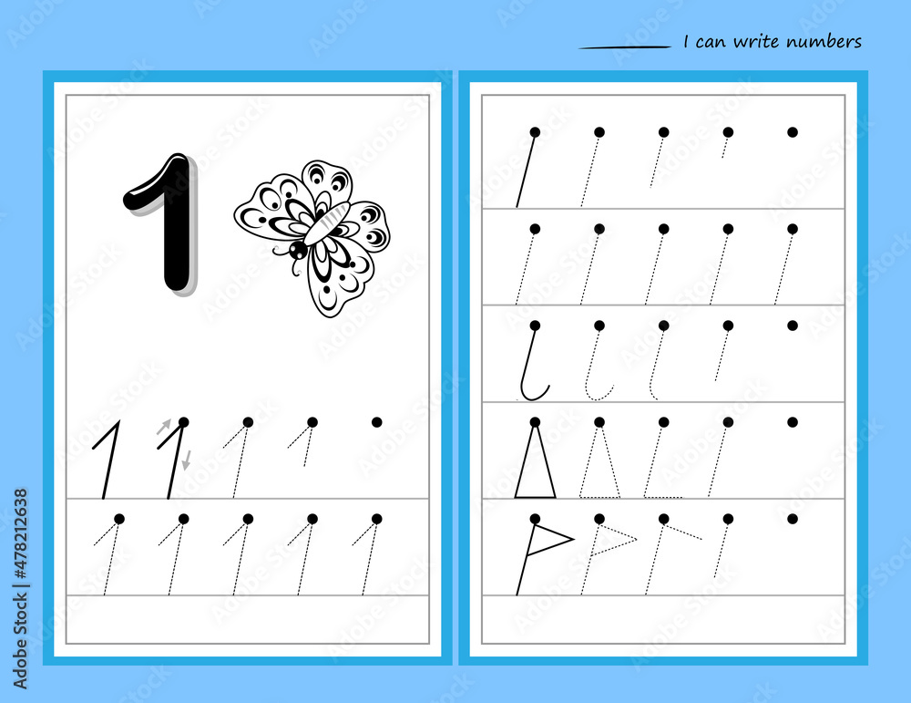 Learn to count and trace number 1. Set of educational pages in line for