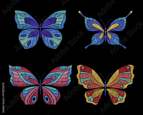 Embroidery butterflies. Floral butterfly, orange blue flying insects. Textile decoration, fashion graphic patches. Stitch templates, nowaday vector set