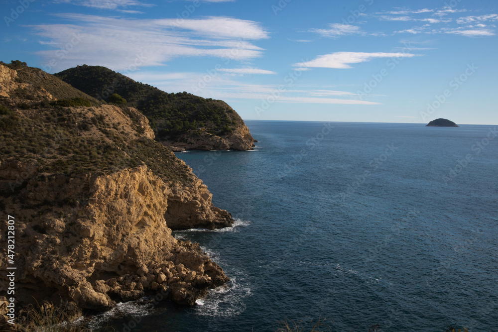 a beautiful coastline, beach, coves and cliffs in Villajoyosa, Alicante, Spain. Walking for the mountain route. a beautiful coastline, beach, coves and cliffs in Villajoyosa, Alicante, Spain. Walking for the mountain route.