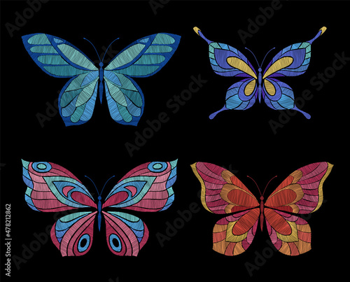 Embroidery butterflies. Floral butterfly, orange blue flying insects. Textile decoration, fashion graphic patches. Stitch templates, nowaday vector set