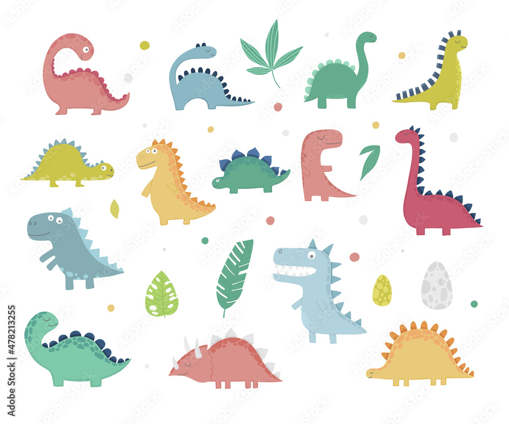 Obraz premium Cute dinosaur set. Cartoon dinos, dinosaurs colorful isolated characters. Tyrannosaurus, triceratop, pterodactyl. Funny prehistoric animals, vector collection for kids