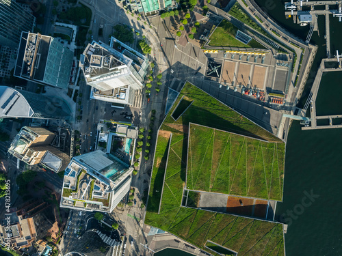 Stock Aerial Photo of Vancouver Convention Center and Olympic Cauldron Vancouver BC , Canada