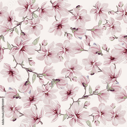 Seamless vector vintage floral pattern for gift wrap, fabric, cover and interior design with flowers. And example of usage with mock up pattern. Retro style Magnolia flowers